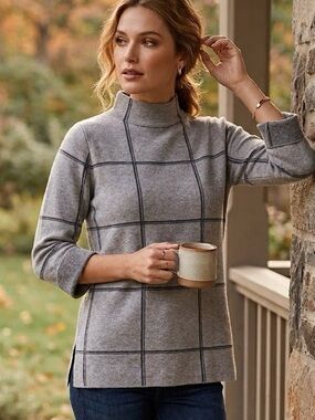 Tahari Gray Windowpane Plaid Mock Neck Sweater 3/4 Sleeve Small